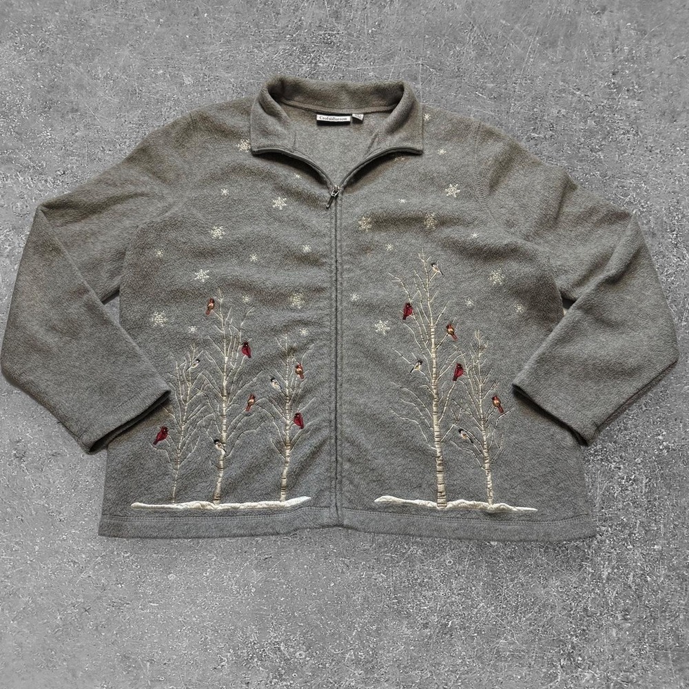 Croft & Barrow Gray Embroidered Winter Birds Birch Tree Fleece Zip Up Jacket L